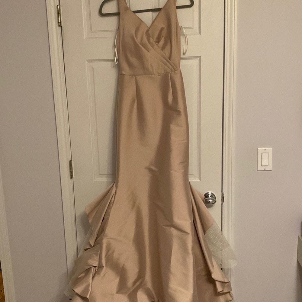 Sachin and Babi blush gown with tule ruffle detail / mini train